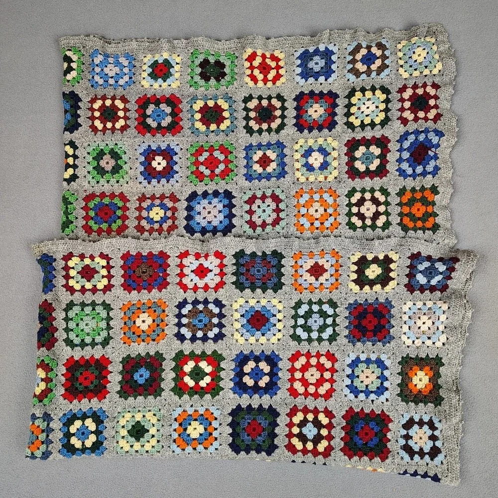 Vintage Granny Square Blanket Crochet Afghan Lap Couch Back 54x41 Gray Border EC